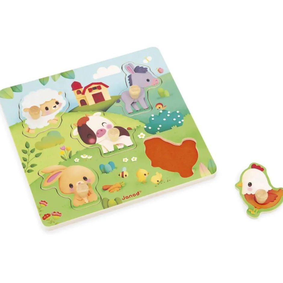Puzzle tactile en bois 5 pièces - thème animaux de la ferme^Janod New