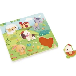 Puzzle tactile en bois 5 pièces - thème animaux de la ferme^Janod New