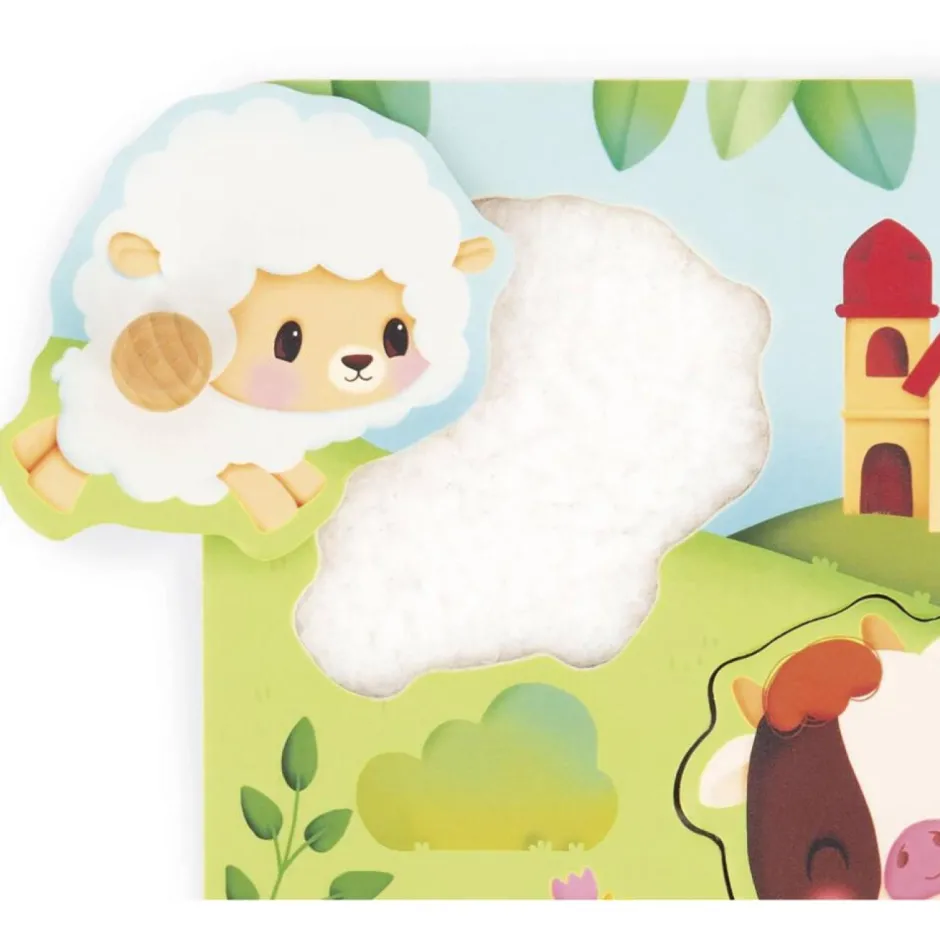 Puzzle tactile en bois 5 pièces - thème animaux de la ferme^Janod New